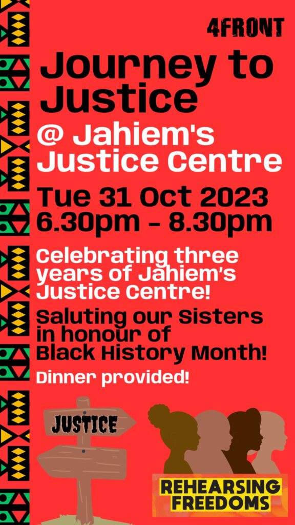 Flyer for Journey to Justice with red background and white and black text reading 'Celebrating three years of Jahiem's justice Centre'
