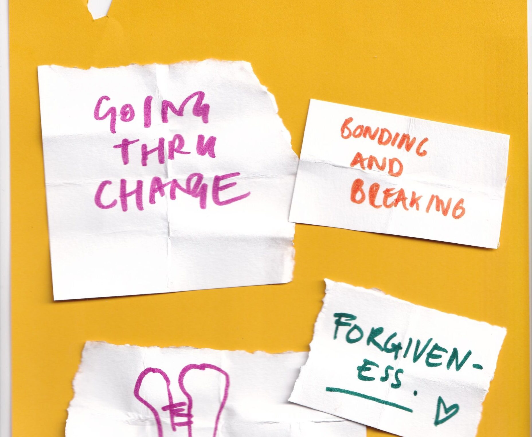 cut out paper on a yellow background that reads 'going through change' and 'bending and breaking'
