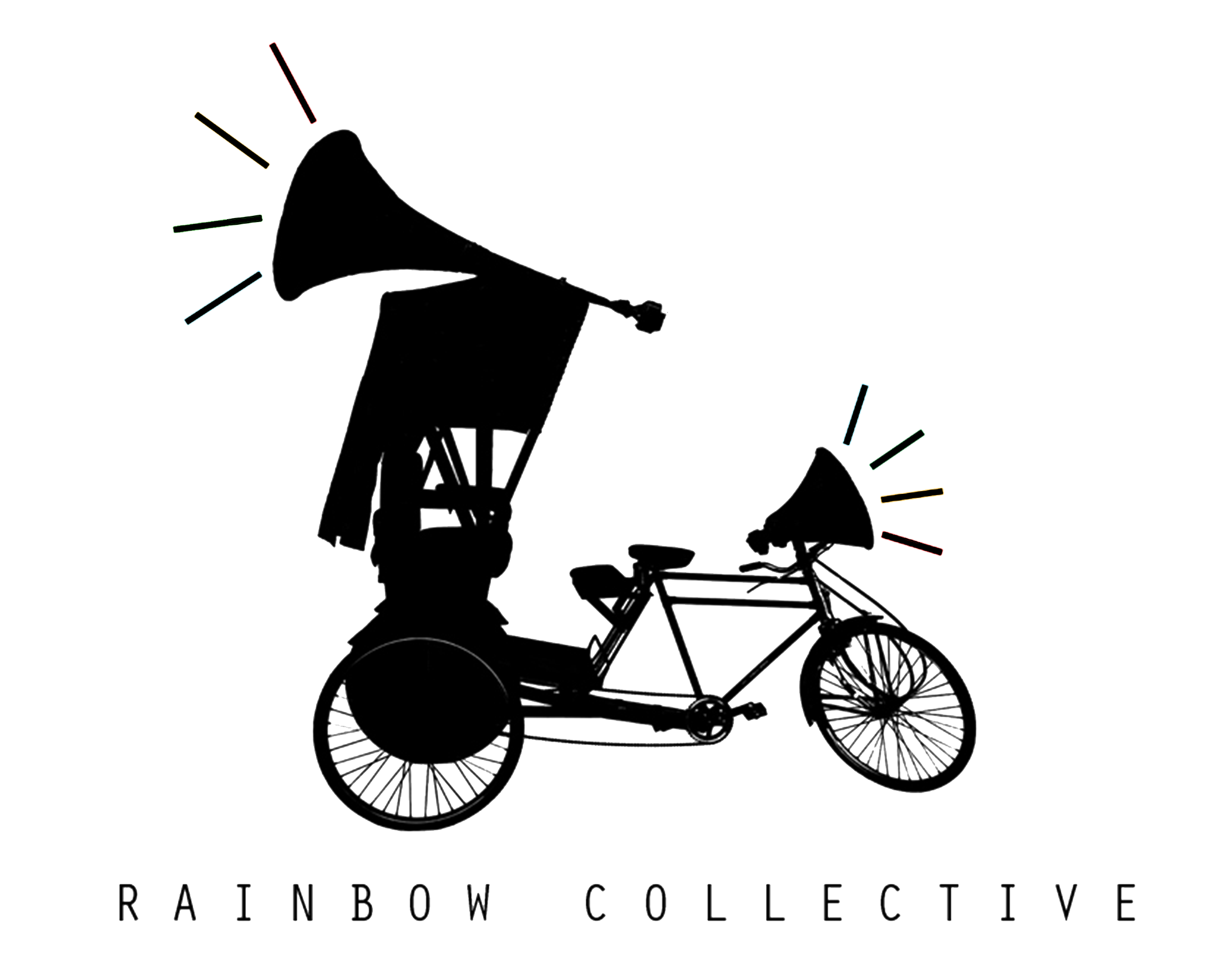 black illustration of a bicycle with noisemakers and a banner strapped to it with the text Rainbow Collective underneath