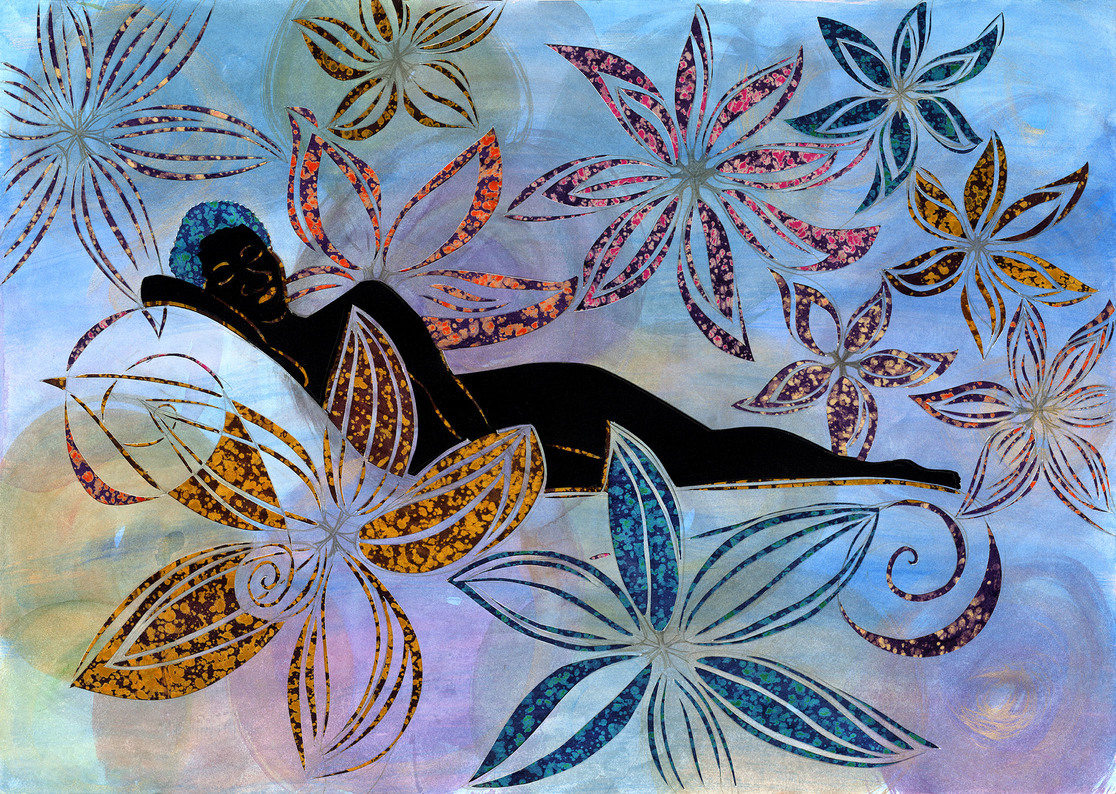 mixed media art featuring a dark black form laying on its side surrounded by colourful cut out flowers on a swirly blue and purple background