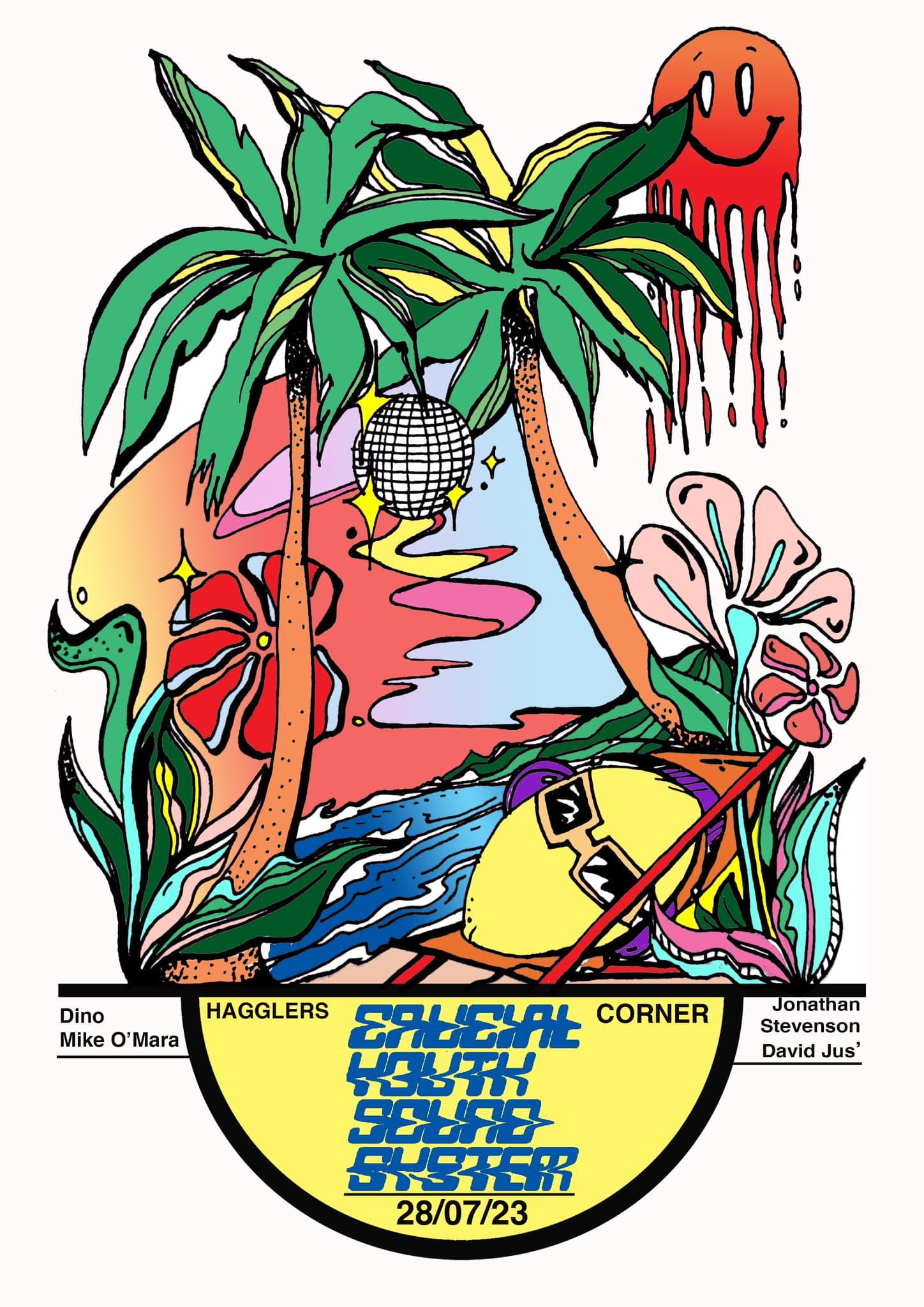bright illustration of palm trees, waves, and flowers