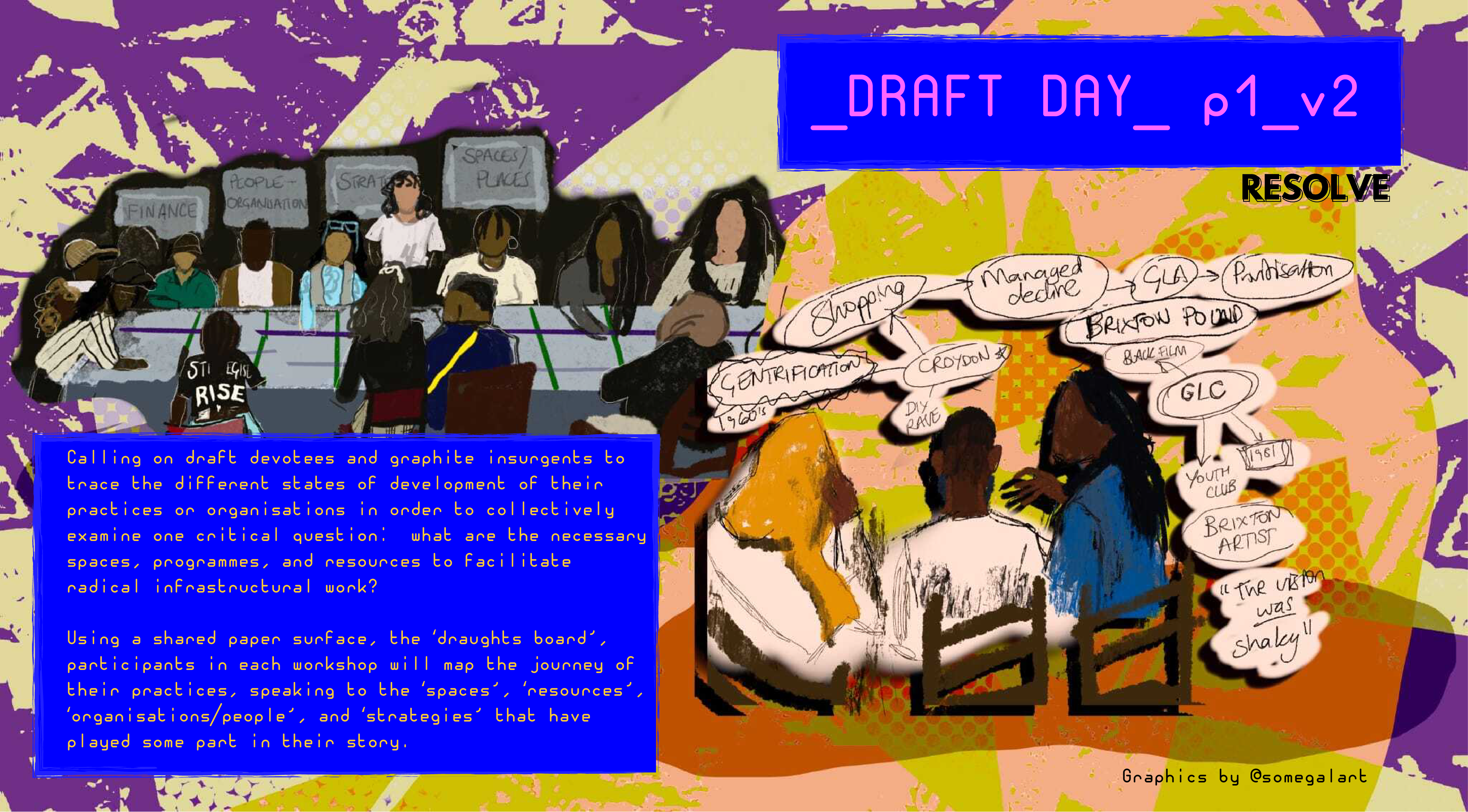 Illustration of Black and brown people sitting around a table with notes around them. Text on the image reads: Calling on draft devotees and graphite insurgents to trace the different states of development of their practices or organisations in order to collectively examine one critical question: what are the necessary spaces, programmes, and resources to facilitate radical infrastructural work? Using a shared paper surface, the 'draughts board' participatns in each workshop will map the jouney of their practices, speaking to the spaces, resources, organisations/perople, and strategies that have played some part in their story.