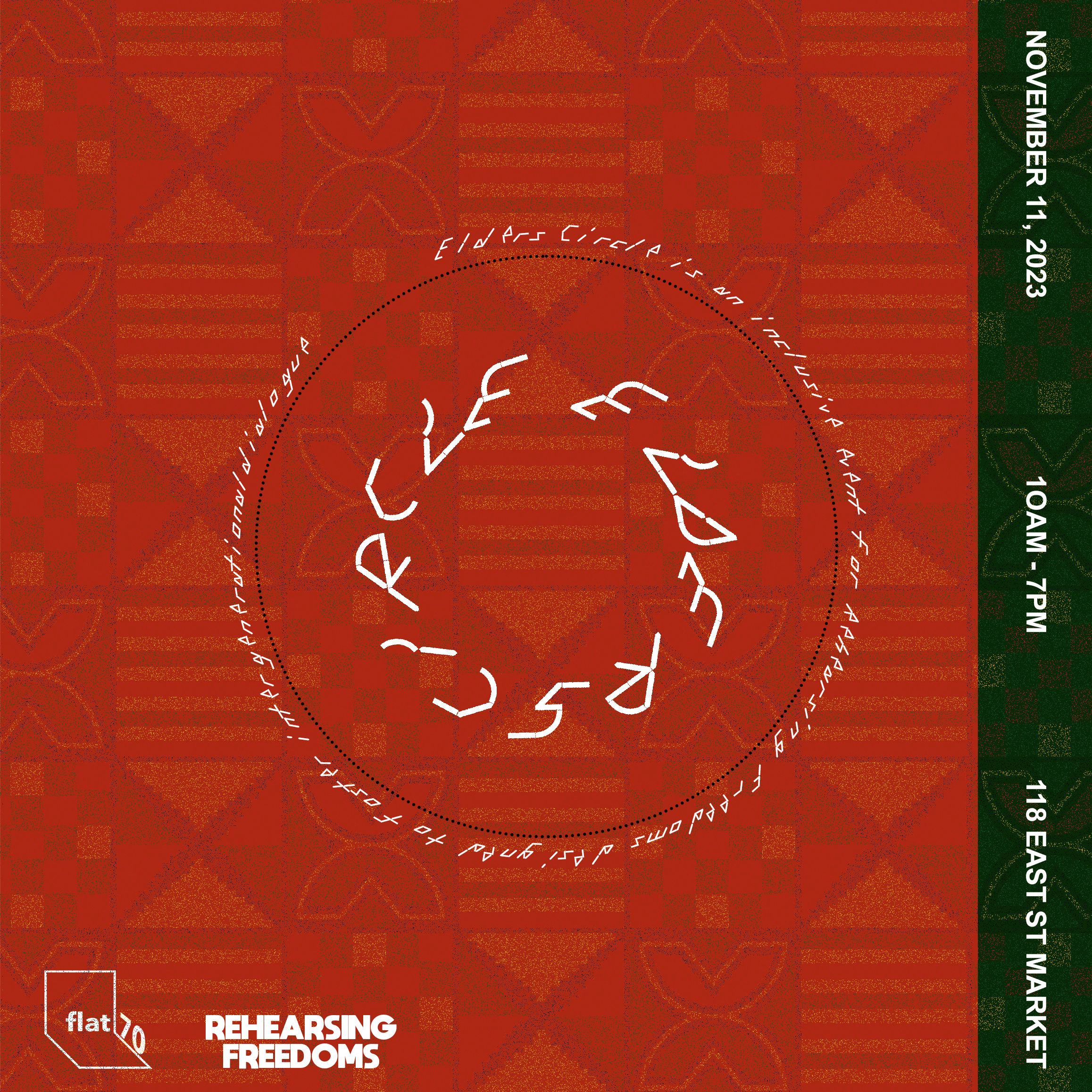 red patterned background with circle and text reading Elders Circle