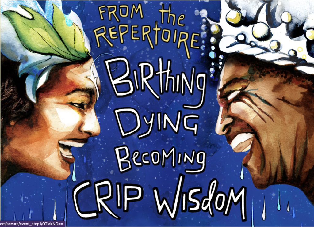 Image of film poster. Blue poster with text; from the repertoire , birthing, dying and crip wisdom